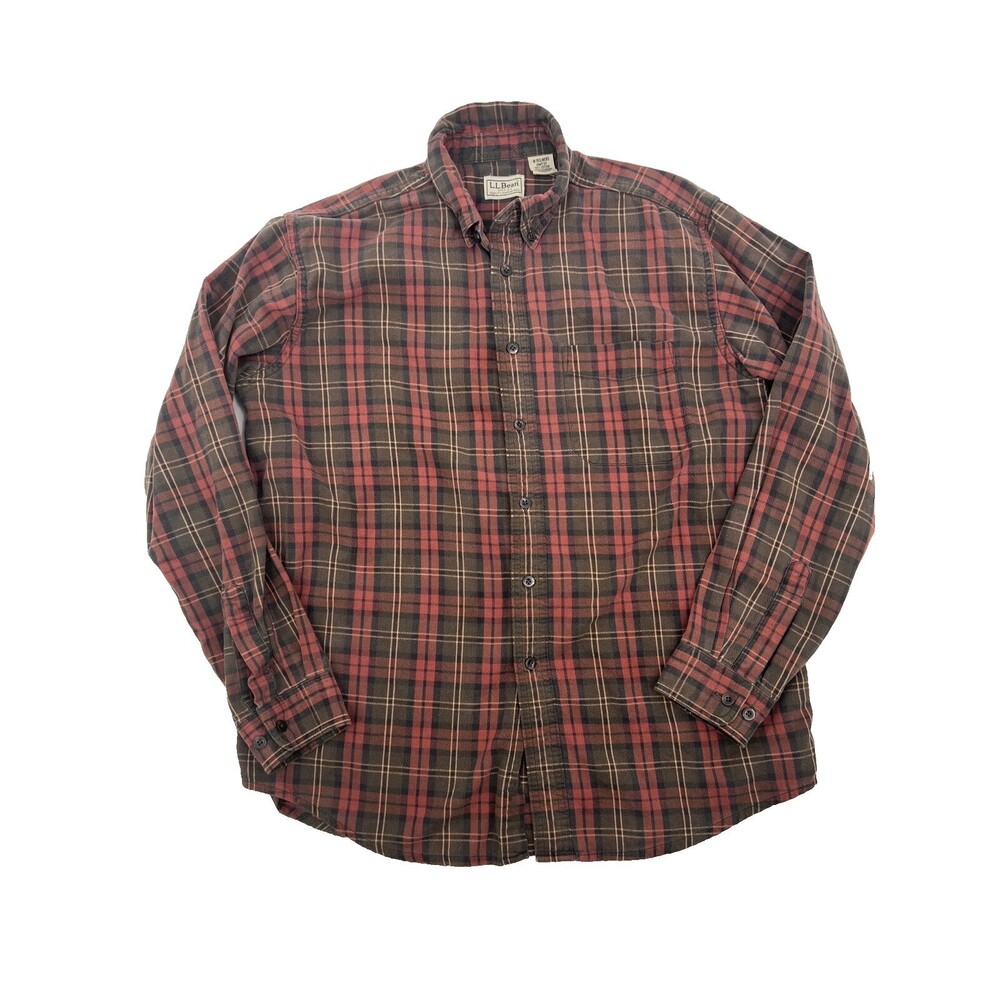 LL Bean Shirt Mens Medium Flannel Plaid Cotton Long Sleeve Button Up Red Brown